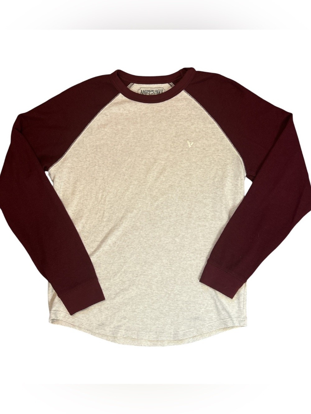 American Eagle Men’s Medium Waffle Knit Thermal Shirt Burgundy Cream Raglan